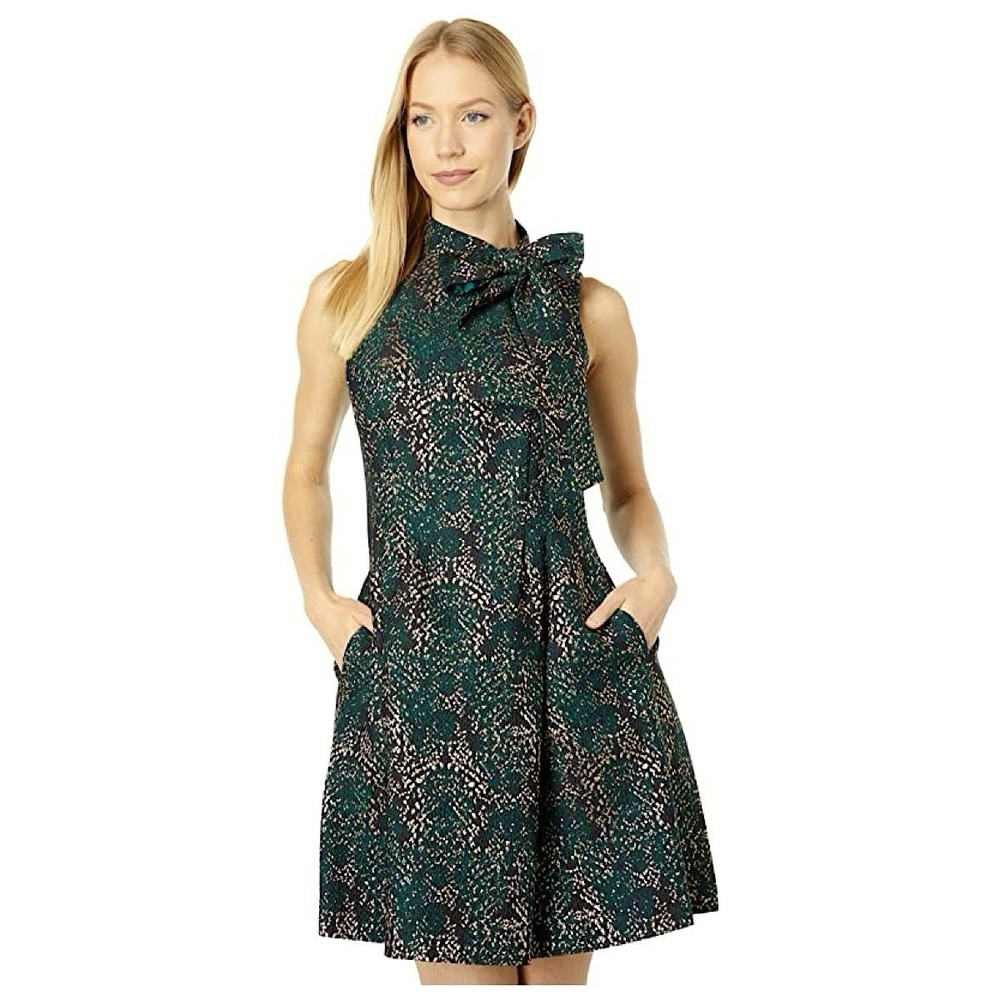 Vince Camuto Jacquard Bow Neck Cocktail Dress Womens Sz 10 Green Gold Metallic‎
